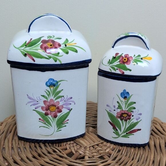 Vintage RC & CL Hand Painted Floral Canisters Set Of 2 Made In Portugal - Picture 11 of 11